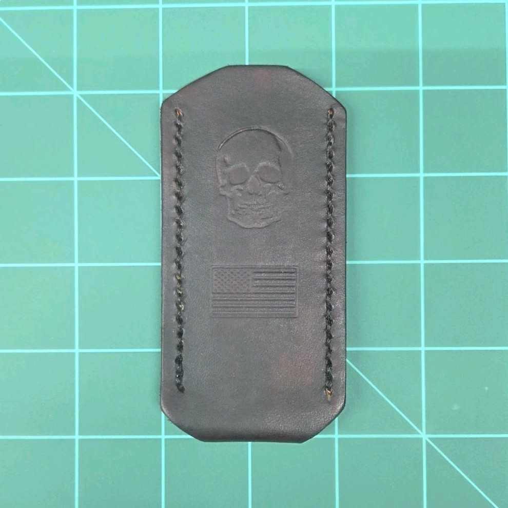 handmade leather knife slip dark brown Skull & Flag fits Case, buck, etc 
