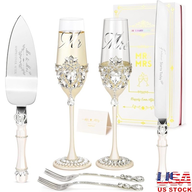 Elegant Wedding Champagne Flutes Set W/ Rhinestone Cake Knife Server Unique Gift