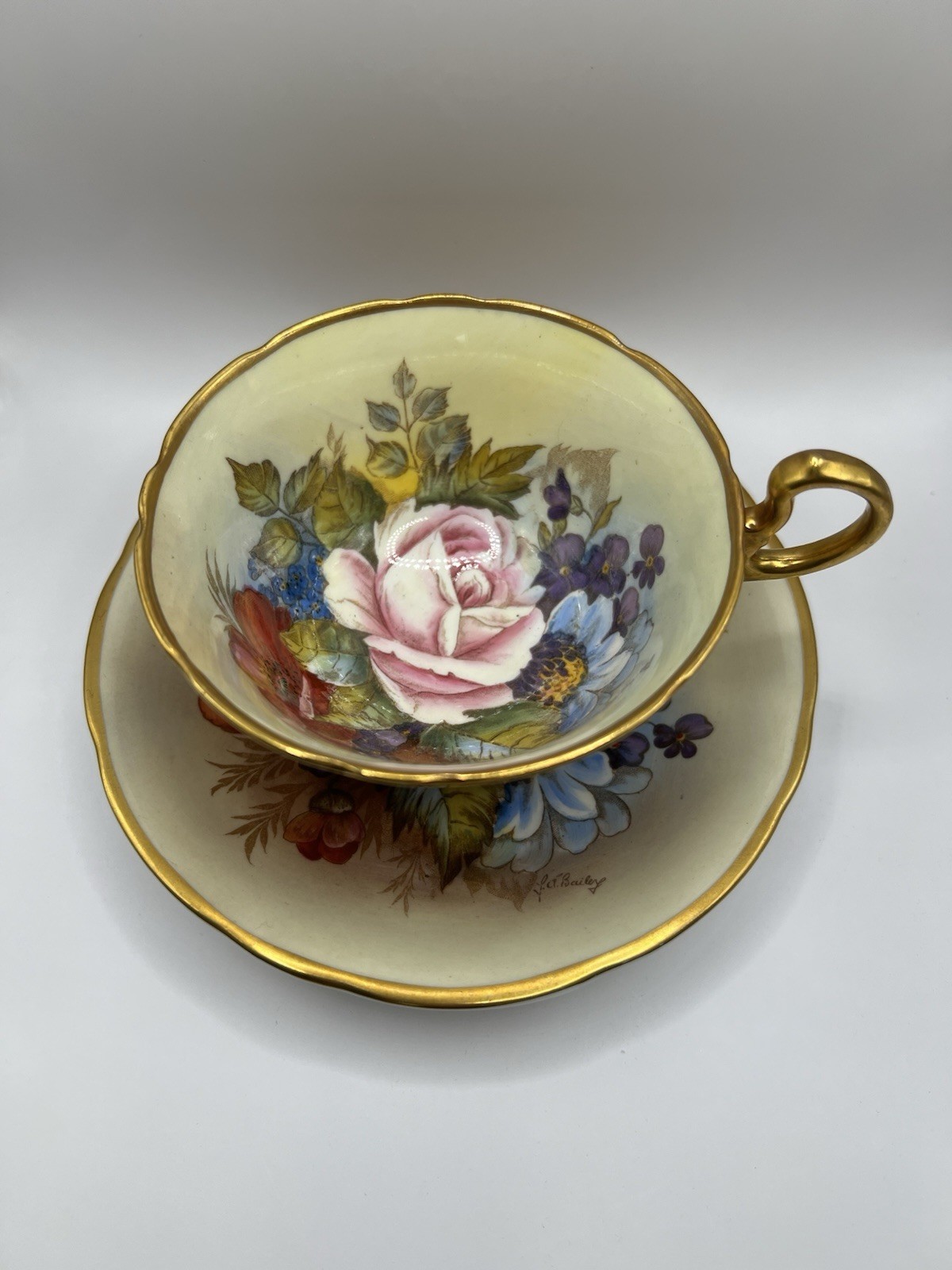 Rare Aynsley Cup & Saucer Gold Gilt Yellow Cabbage Rose Both Signed J.A. Bailey 