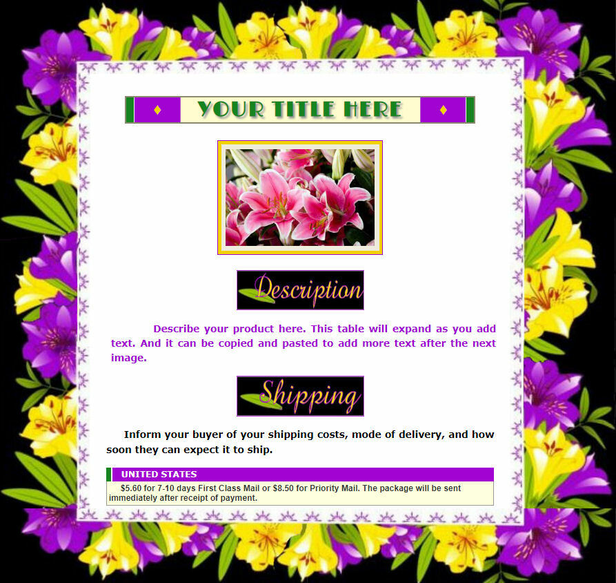 AUCTION TEMPLATE Lily Design Border Purple Yellow - FREE SHIPPING