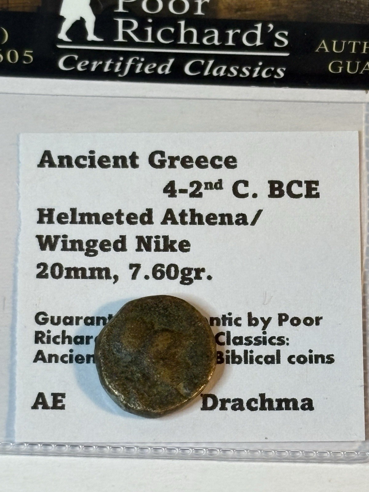 Ancient Greece 4-2nd c. BCE Helmeted Athena/Winged Nike AE Drachma. CG50