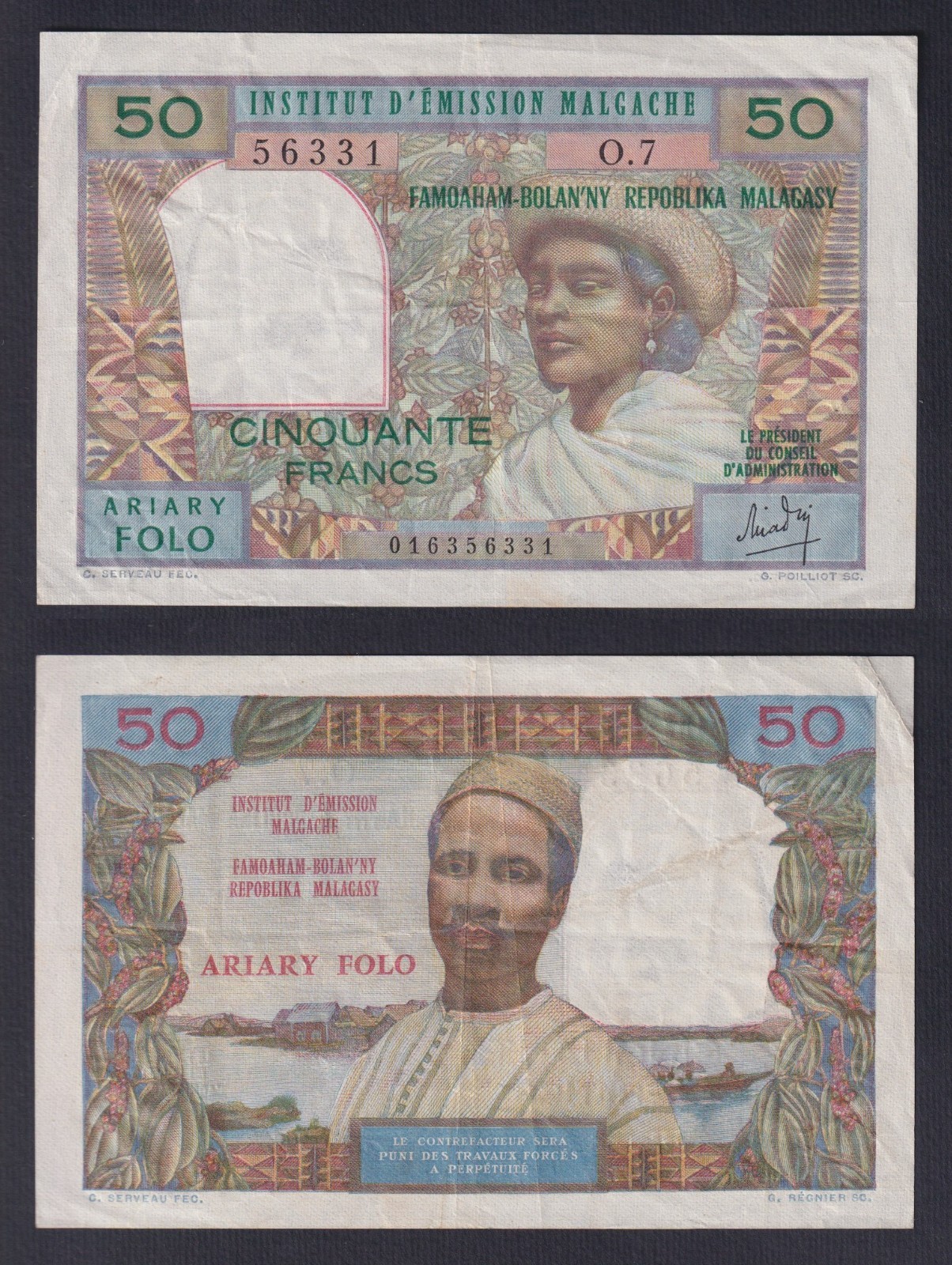 Madagascar Banknote 50 Francs On 10 Ariary 1969 P.-61 BB+/VF+
