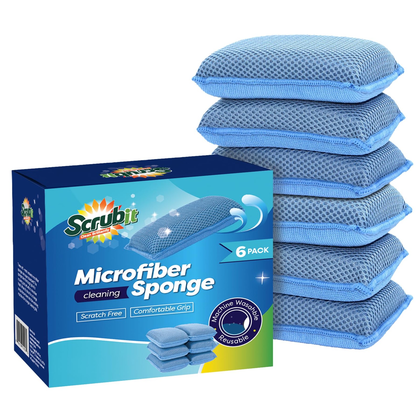 Miracle Microfiber Kitchen Sponge by Scrub-It (6 Pack) - Non-Scratch Heavy Du...