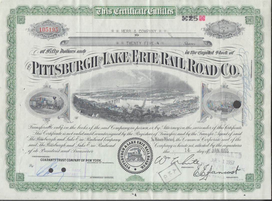 Pittsburgh & Lake Erie Rail Road RR stock certificate 1955 25 shares