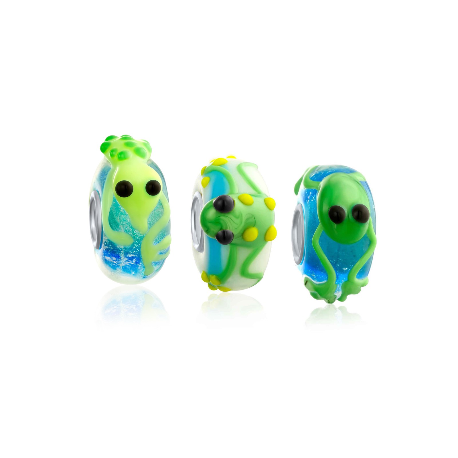 Set of 3 Lime Green Lizard & Toad Frog Lampwork Glass Charm Bead Sterling Silver