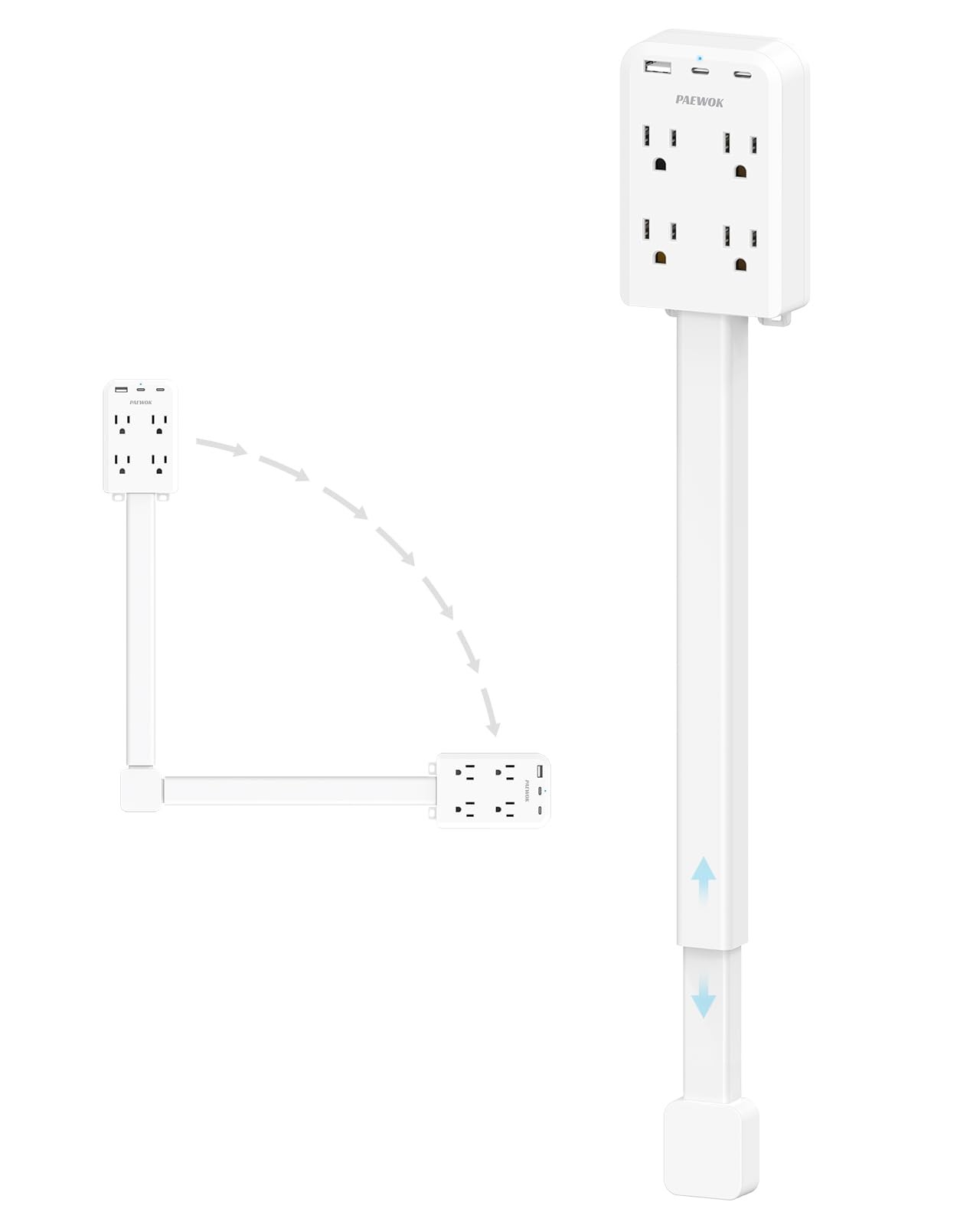 Electrical Outlet Extender Stick: 4 AC, 2 USB-C, 1 USB-A, 180° Rotating, Extenda