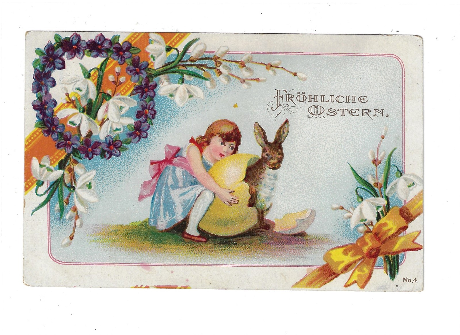 German Frohliche Ostern Easter Postcard Girl w/ Rabbit Hatching From Egg 2939