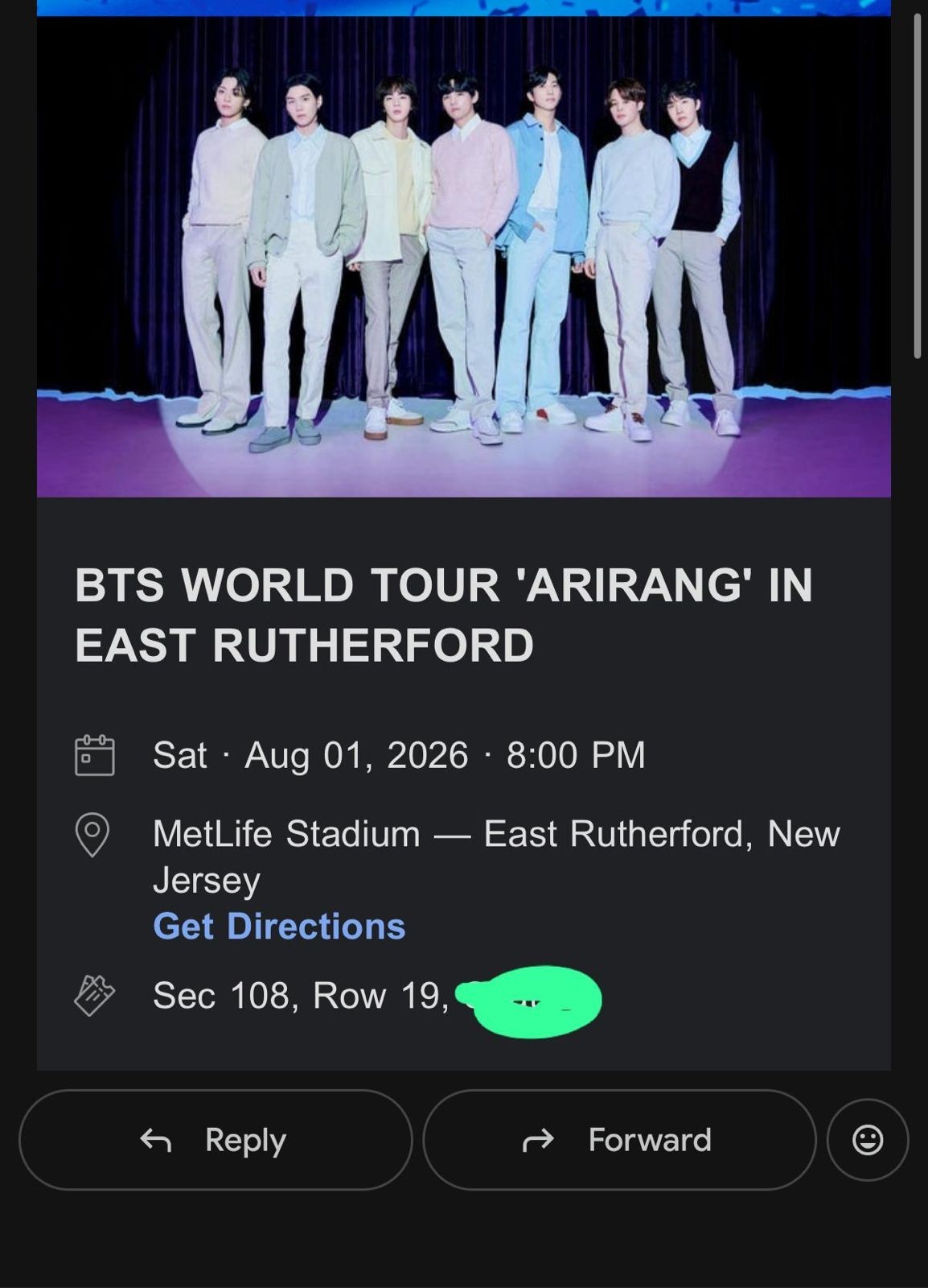 BTS  WORLDTOUR ARIRANG TICKET - AUG 01 NJ - 1 TICKET - SECTION 108 