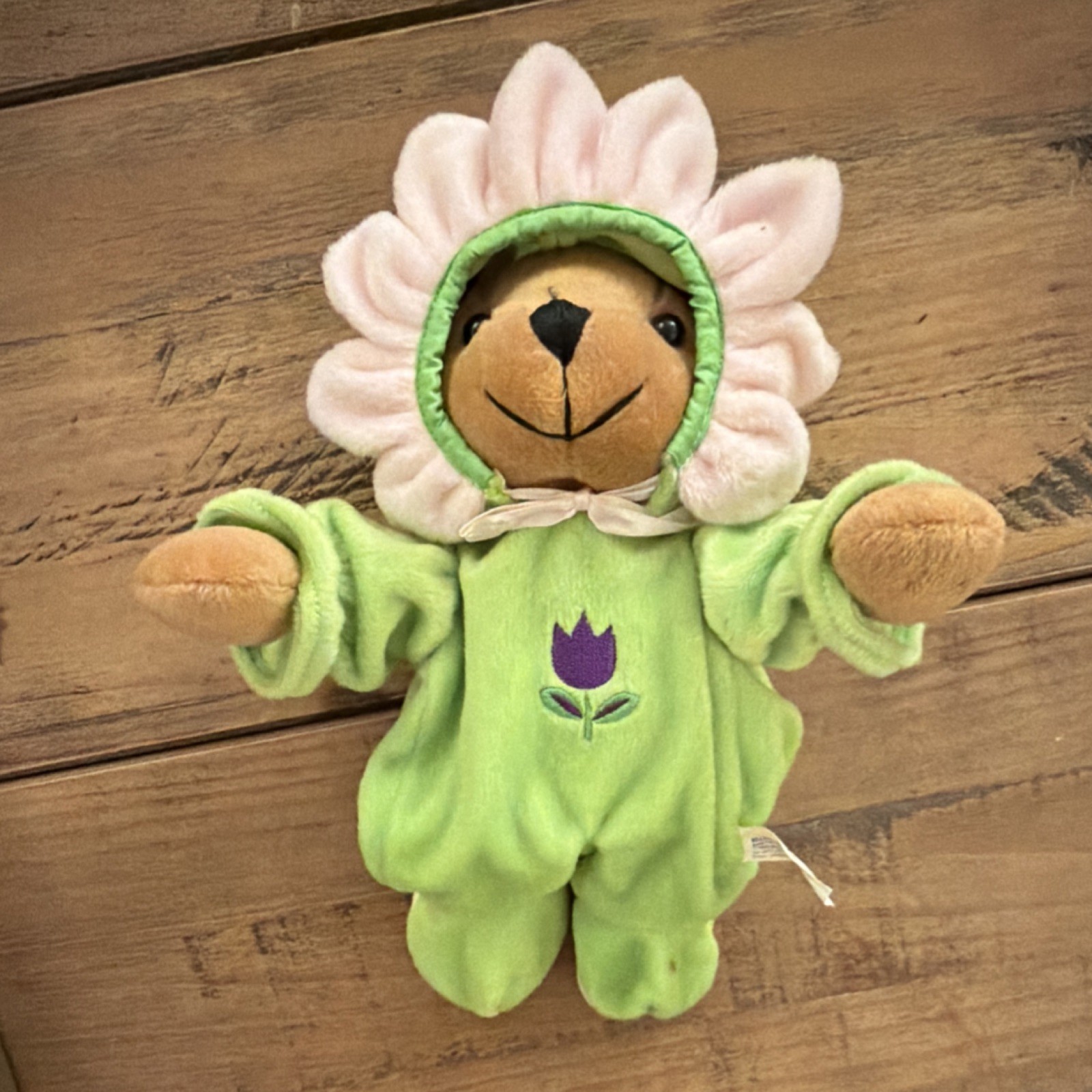 Plush Bear in Green Flower Costume with Purple Tulip Embroidery