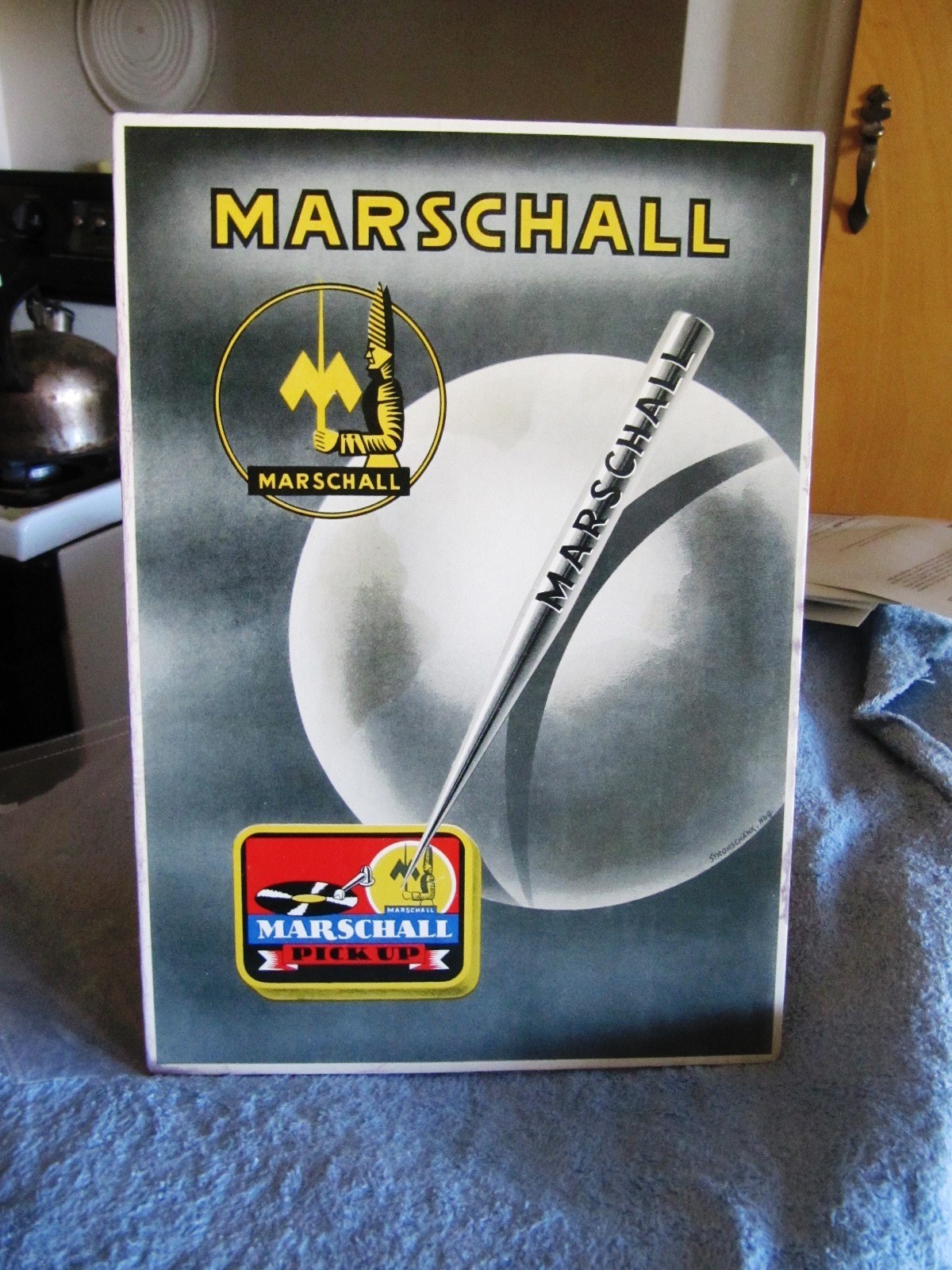 ORIGINAL MARSCHALL Phonogaph NEEDLE 12" Advertising Standee Enamel Sign TIN