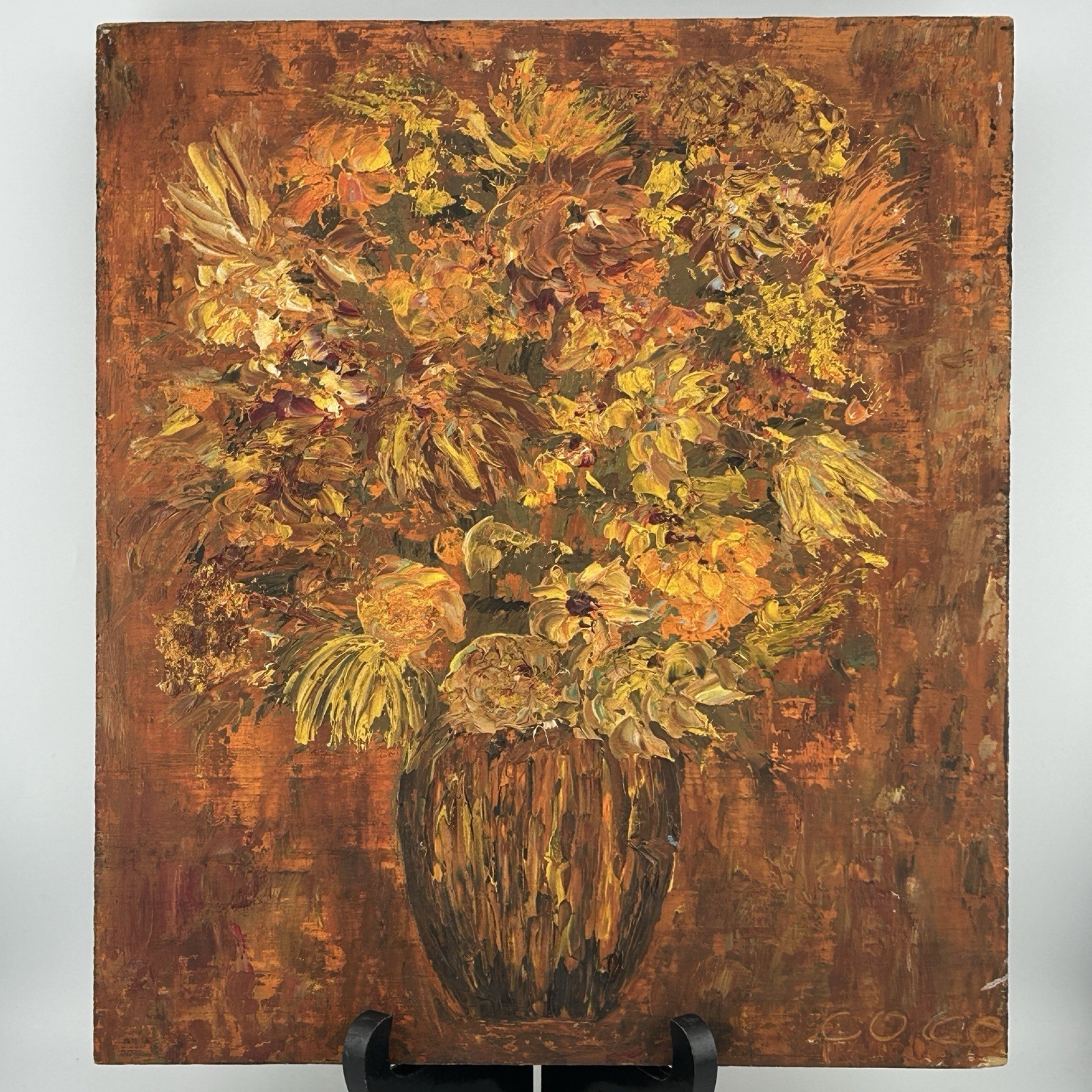 Coco Trabichet Impasto Floral Still Life Oil on Board 10x11½ 1960s VTG