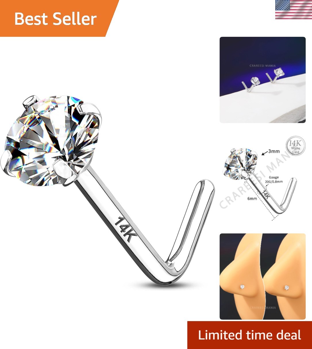 14K Real Gold Nose Studs 20G Nose Rings Studs L Shaped Nose Rings for Women M...
