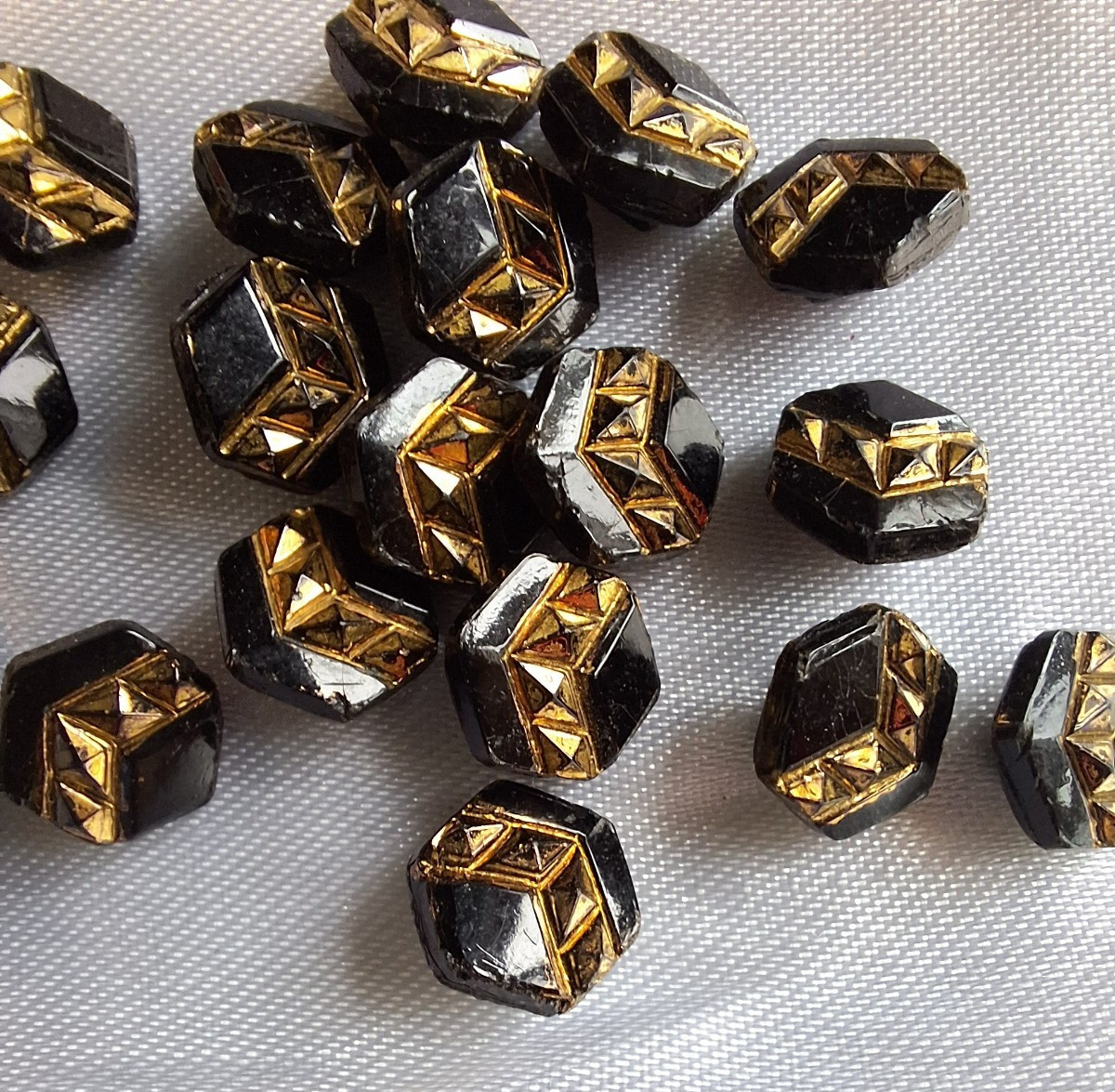Jet Black & Gold Glass Victorian Mourning Faceted Self-Shank Buttons-Lot Of 20