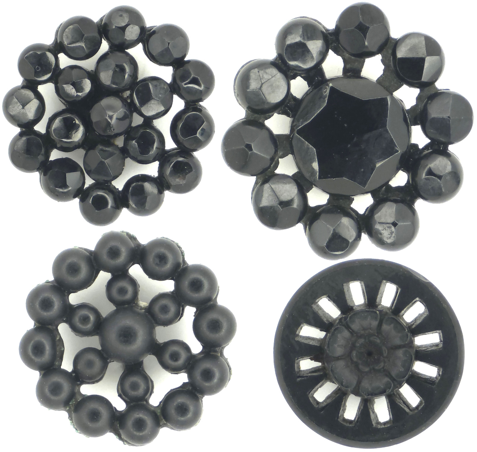 C1880 Antique Victorian Floral Openwork Black Glass Cut Steel Rivet Button LOT 4