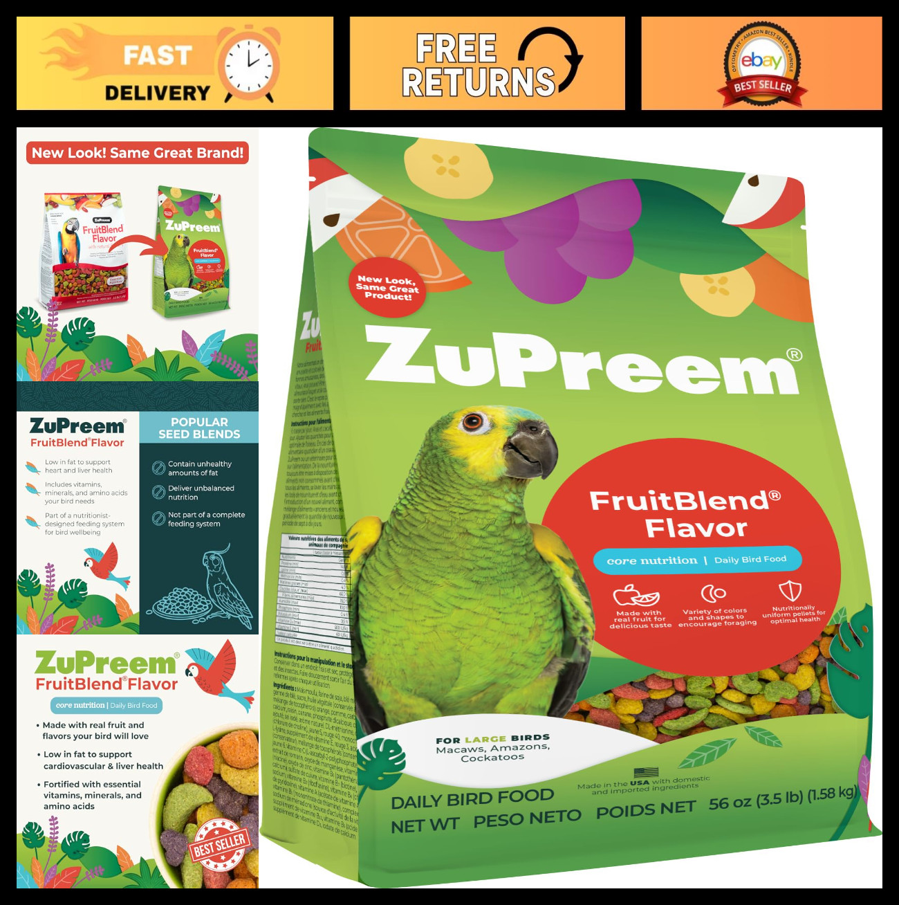 FruitBlend Bird Pellets for Large Birds - Daily Nutrition for Cockatoos & Macaws