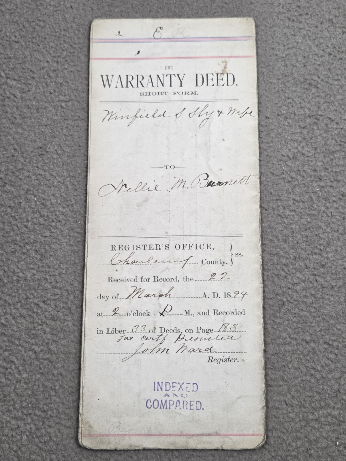 Warranty Deed Short Form 1894 Charlevoix County Michigan Antique