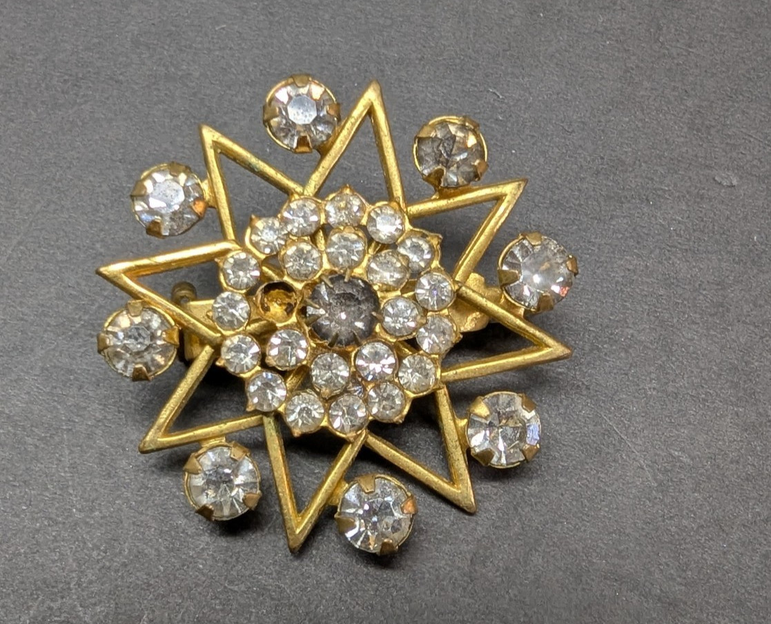 Sunburst Gold Tone Pin Brooch with Clear Glass Stones 1.5 Inch Fine Jewelry