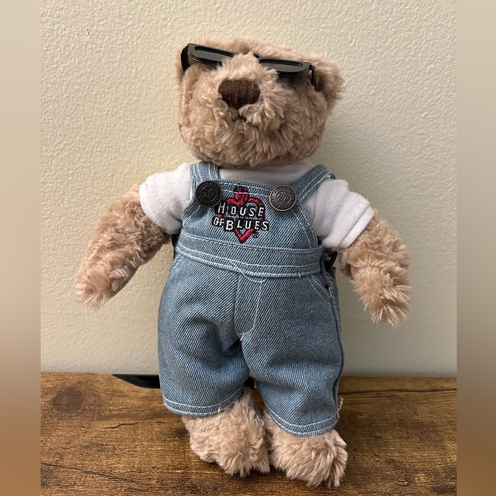 VTG Y2K Era HOUSE OF BLUES Ltd Ed. Teddy Bear Denim Overalls Sunglasses Plush