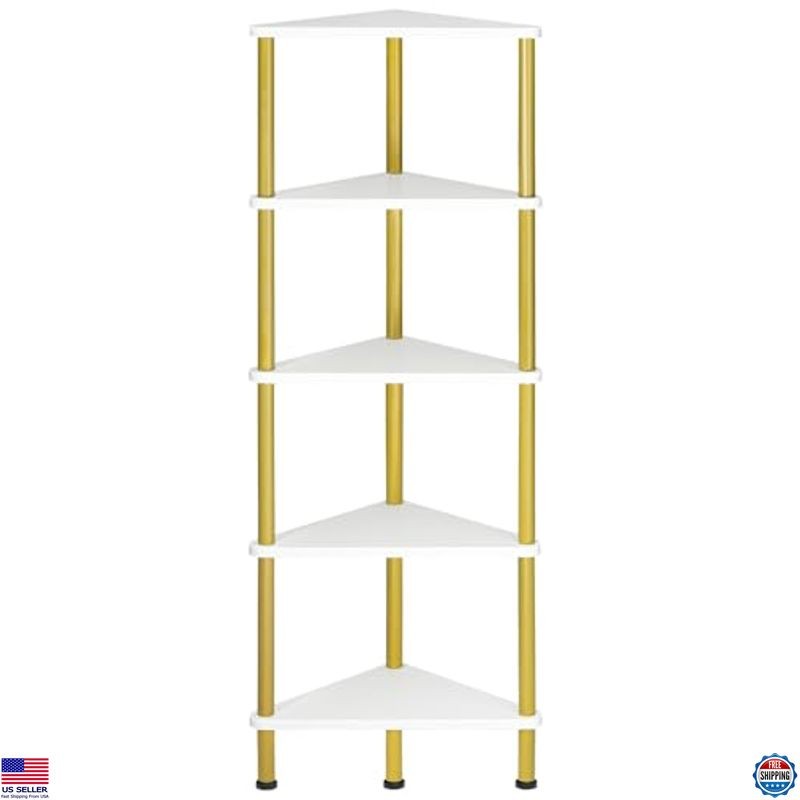 HOOBRO 5-Tier Corner Shelf - Industrial Wall Bookshelf, Metal Frame, White/Gold