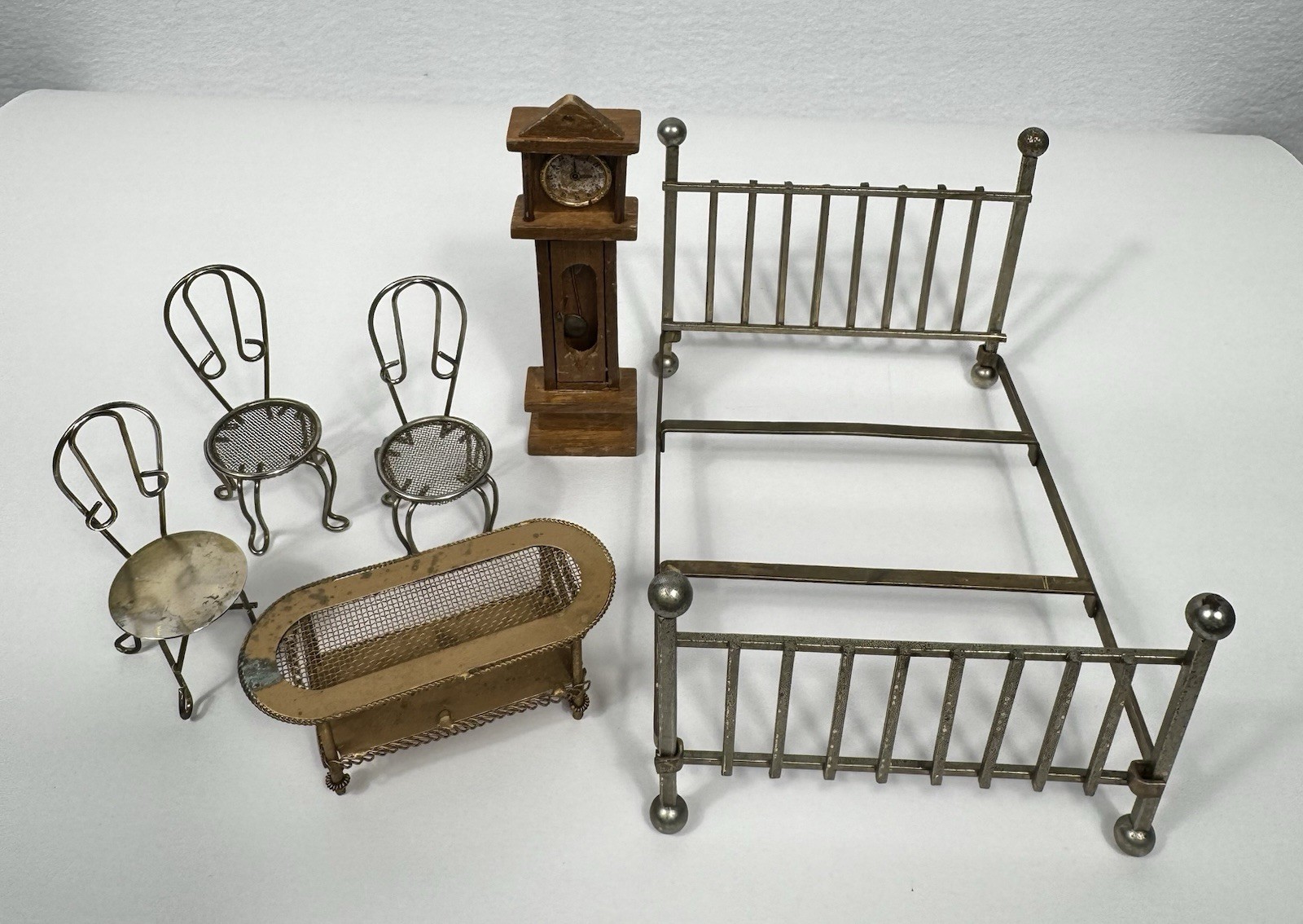 Vintage Dollhouse Furniture Set Metal Bed Chairs Table Grandfather Clock Mini