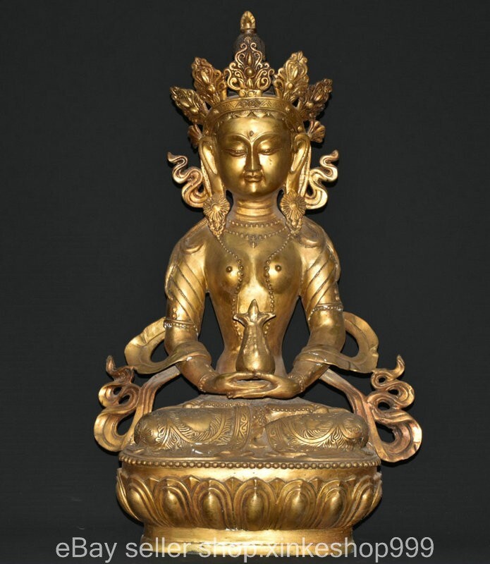 20" Old Chinese Copper Gilt Buddhism Amitayus longevity God Goddess Statue