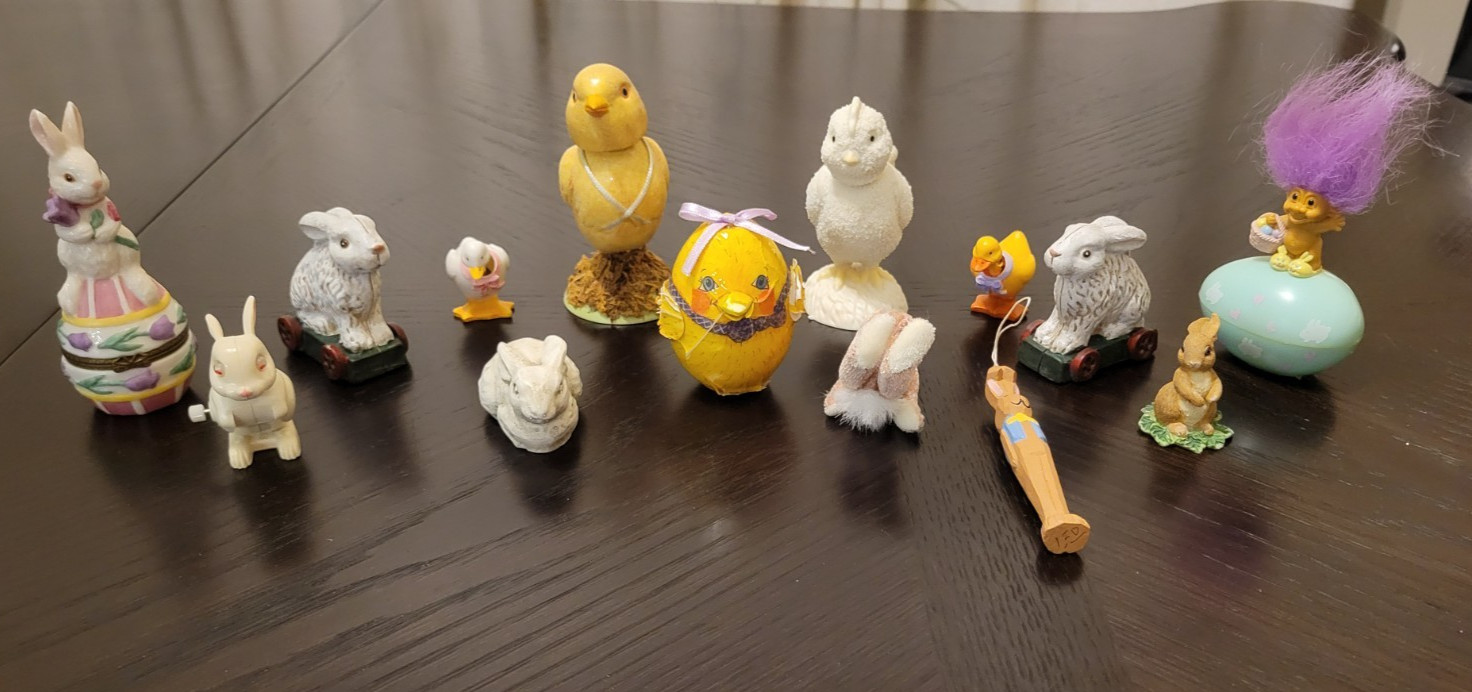 14 Mixed Easter Figurines Bobbleheads Troll Department 56 Trinket Box Plush