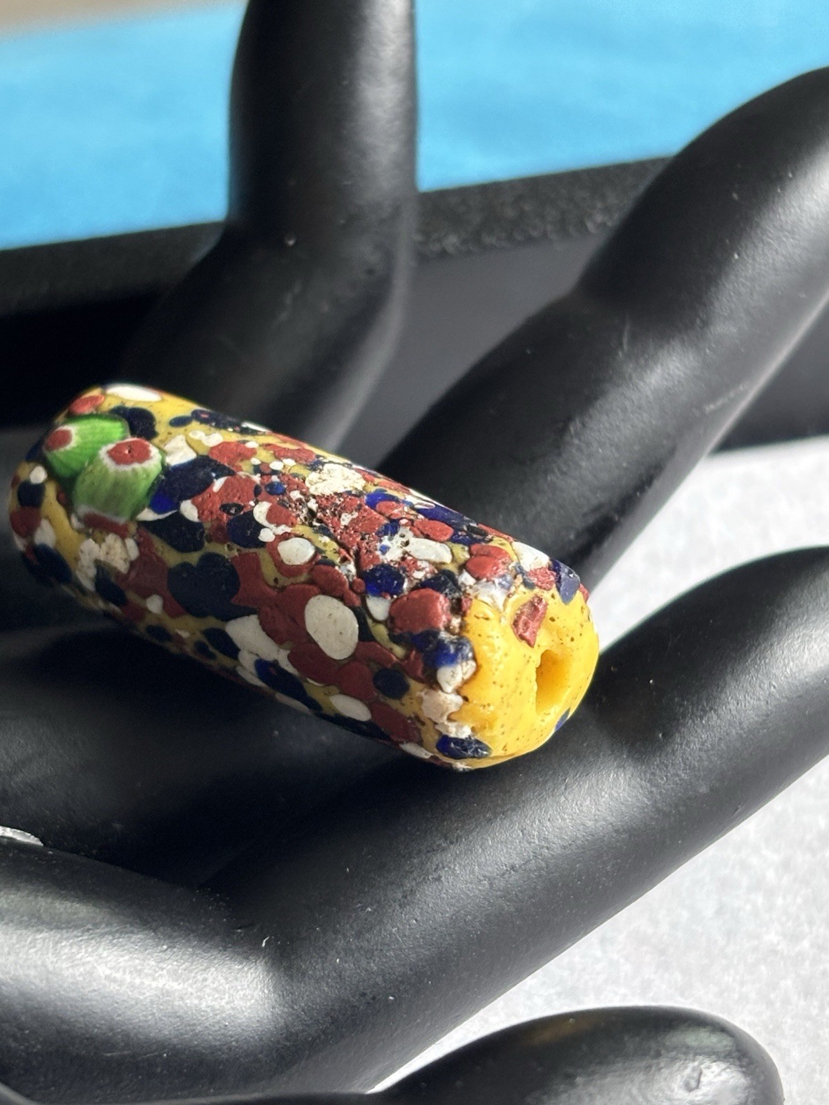 African Venetian Glass Trade Bead Vintage Tubular Yellow Multicolor Confetti