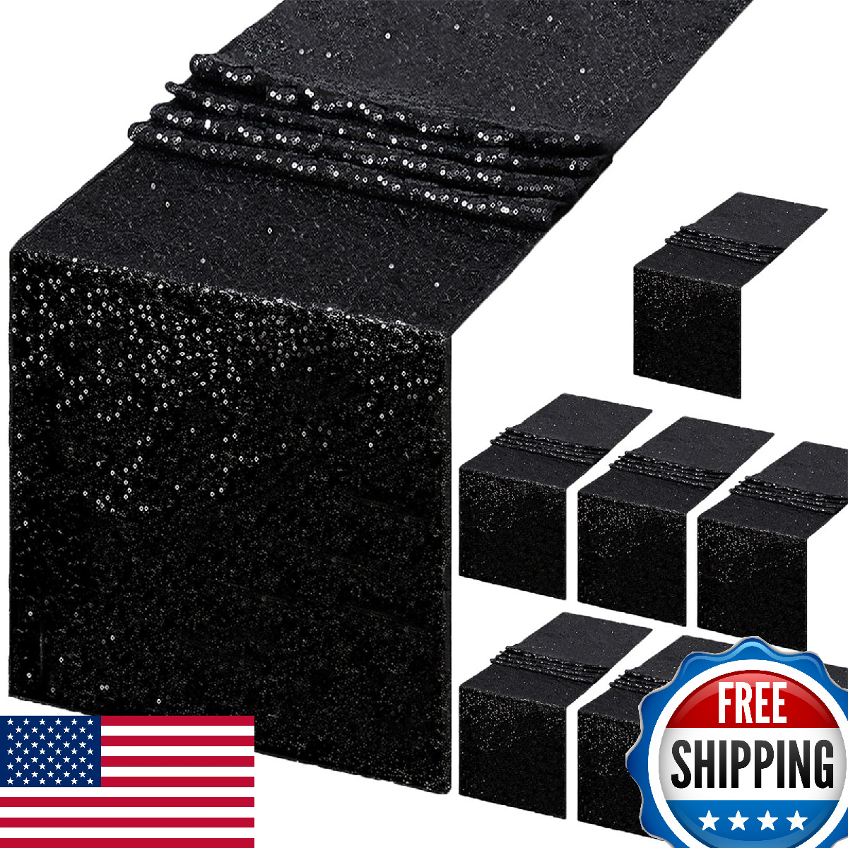 B-COOL Black Sequin Table Runner 8-Pack 12x72" Glitter Fabric Halloween Grad