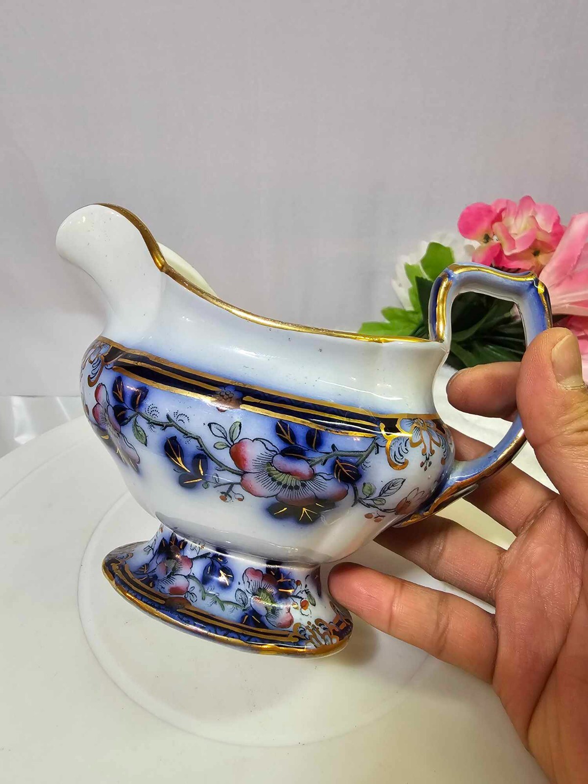 Vtg gravy boat masons patent ironstone china blue red flowers- READ- B5