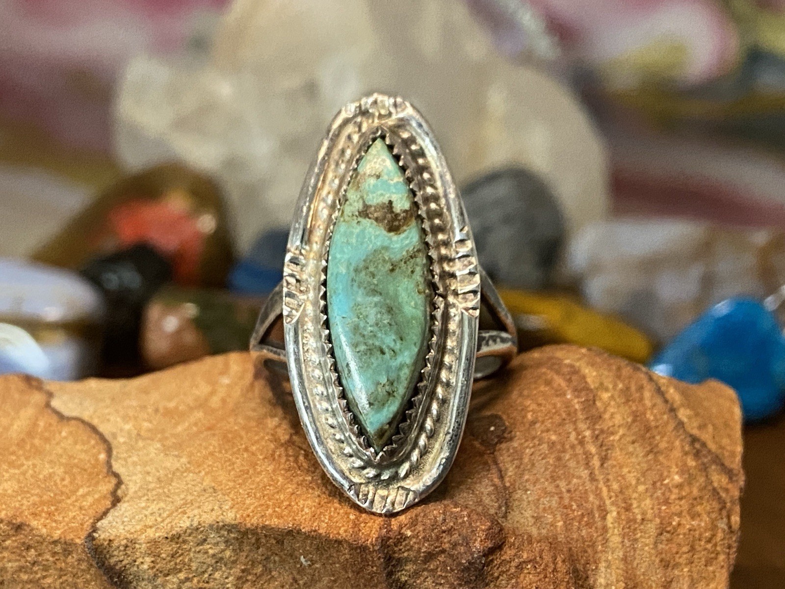 Old Pawn Native Navajo Sterling Silver Turquoise Ring Sz 7.25 AN326-13 O