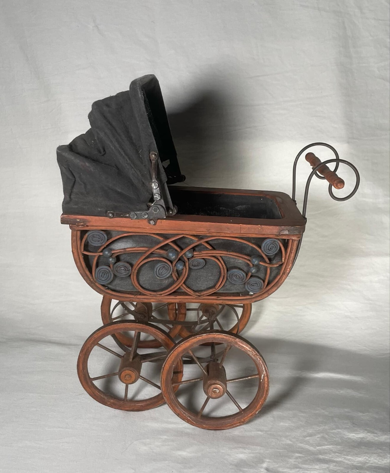 Antique Victorian Baby Doll Stroller Wicker Wood Iron Vintage Carriage