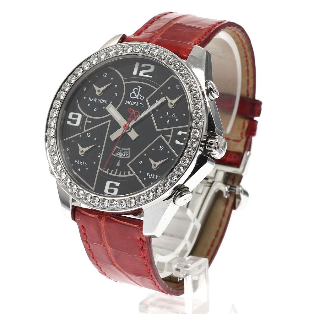 Jacob & Co. 5 Time Zone JC-2D Date Diamond Bezel Quartz Men's Watch Black