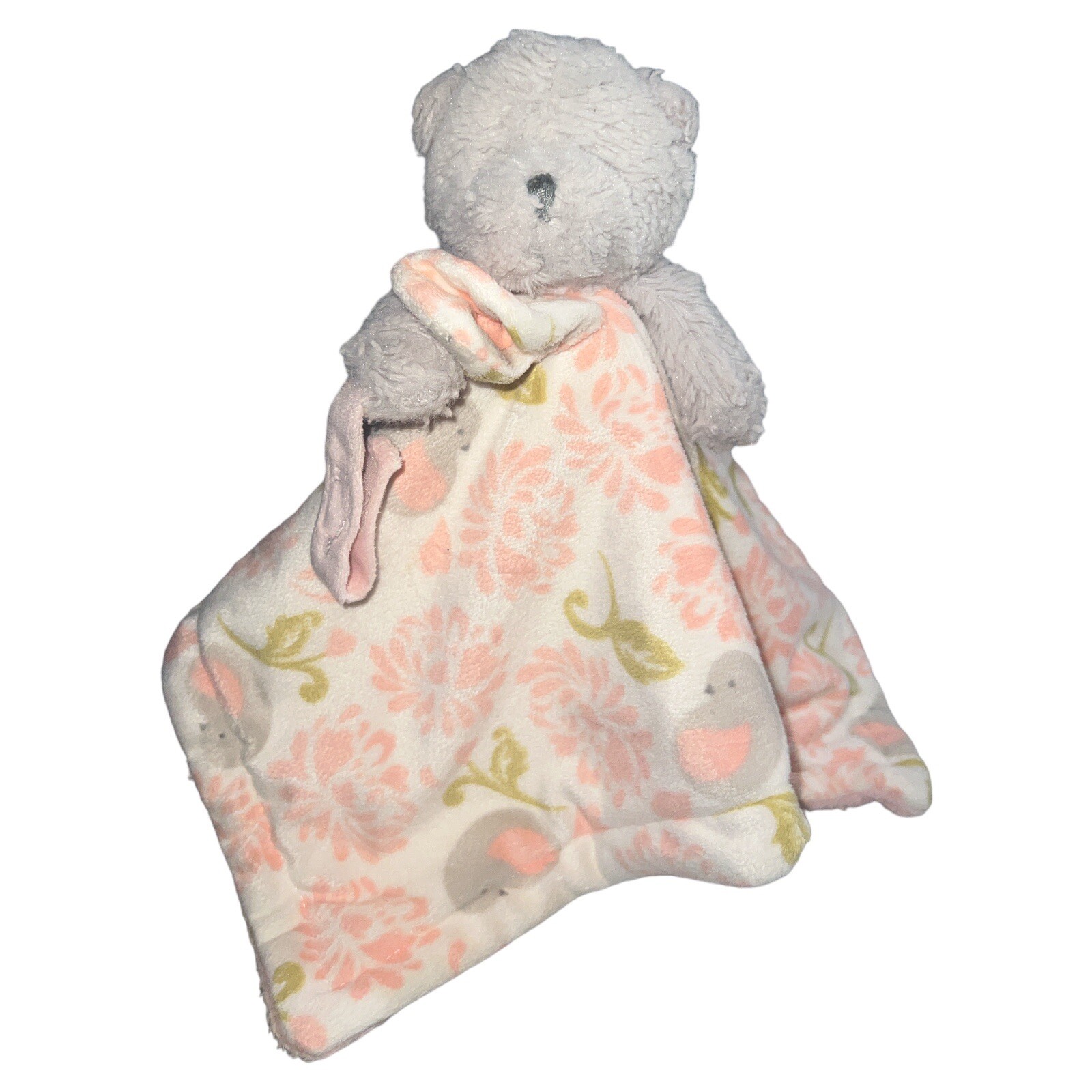 Blankets and Beyond Gray Bear Pink Bird Lovey Plush Blanket Pacifier Paci Holder