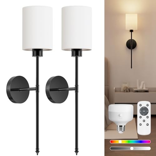  Battery Operated Wall Sconce Set of 2 Wireless Rechargeable Wall 24 inch Black