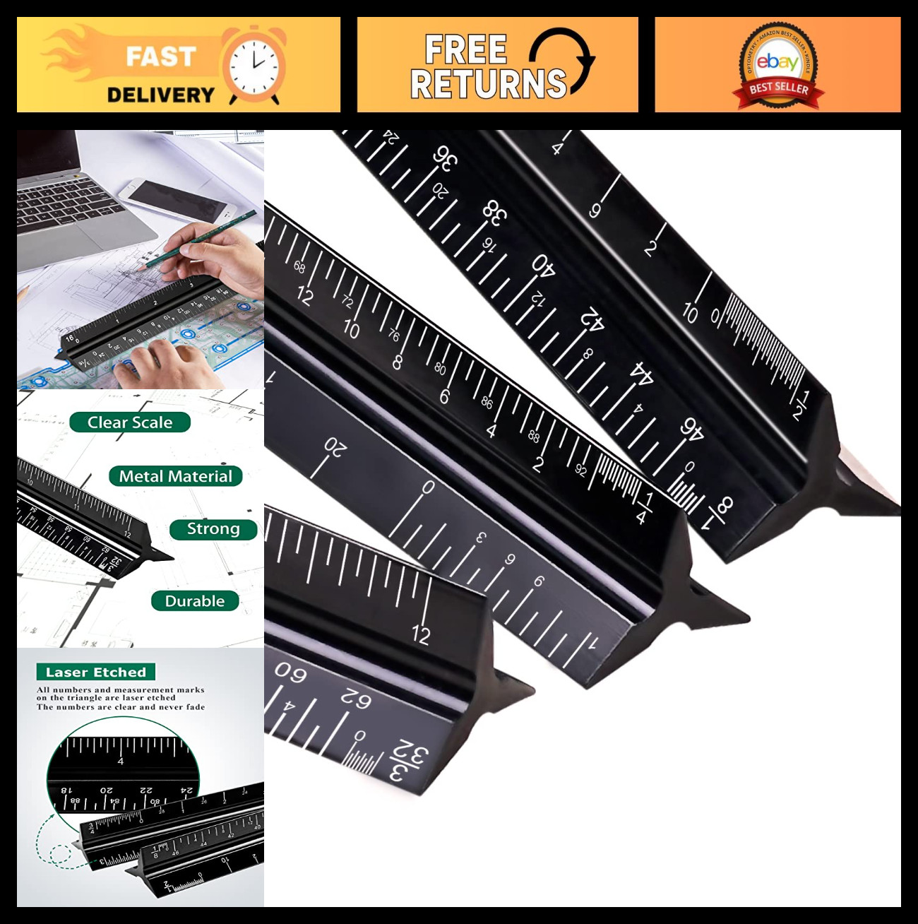 12" Triangular Architectural Scale Ruler Set - 3 Pack Aluminum Metal Drafting To