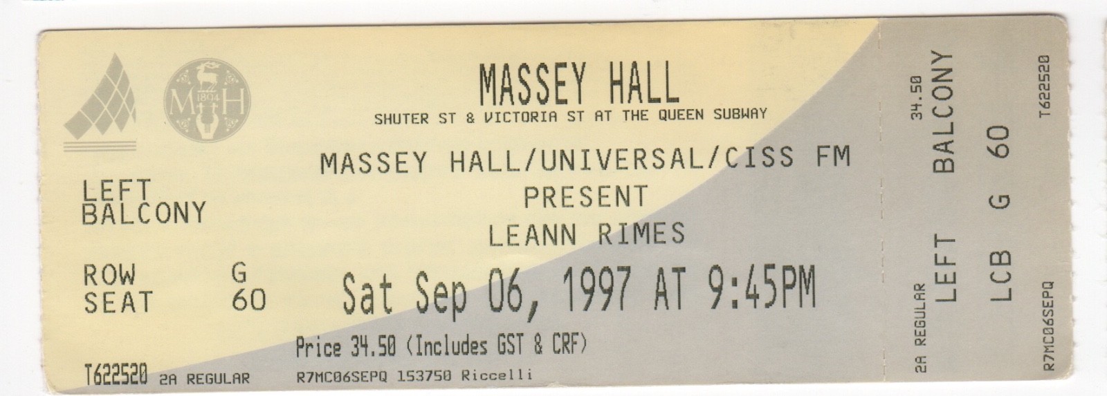 Leann Rimes Concert Ticket Stub Massey Hall September 06 1997
