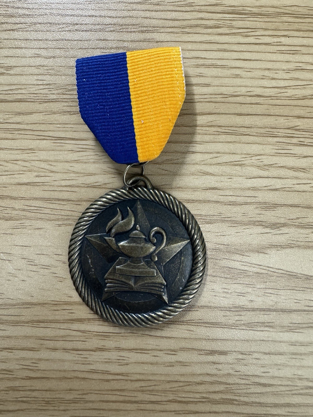 Lamp of Knowledge Medal with Blue and Yellow Ribbon Pin