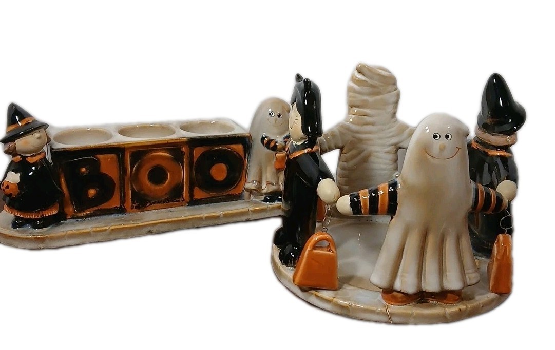 Yankee Candle Halloween Tea Light Holder & Jar Set Pottery Ronnie Walker BOO!