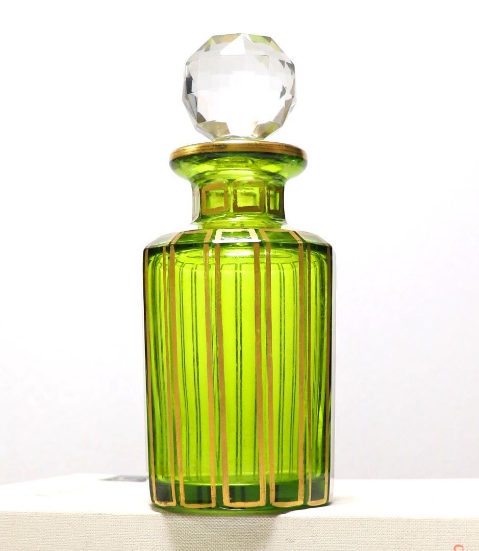Old Baccarat Rare Louis XVI Style Green Glass Gold Decorated Polyhedron Perfume
