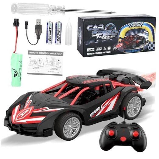 1/18 RC Car for Kids with Rechargeable Battery, LED Lights & Spray - Remote 