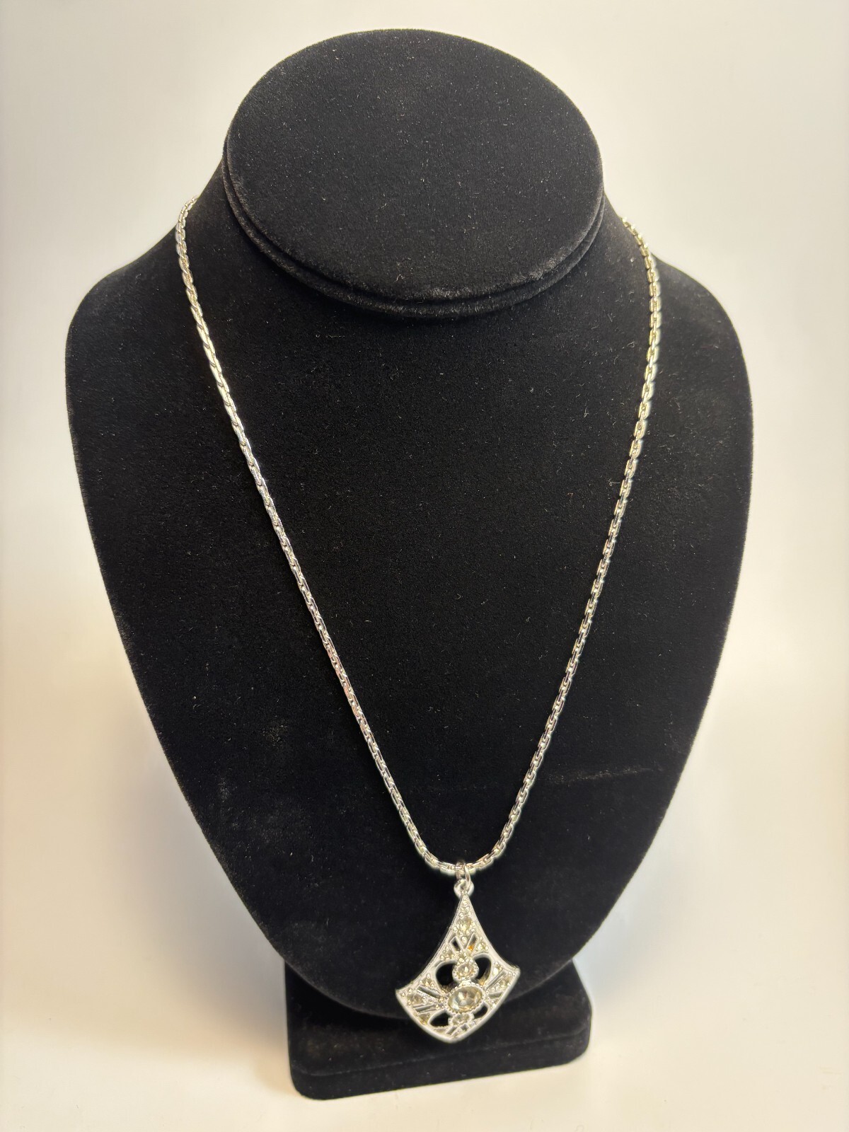 Pendant Necklace Signed Sarah Coventry 1970s Silver Tone and Rhinestone