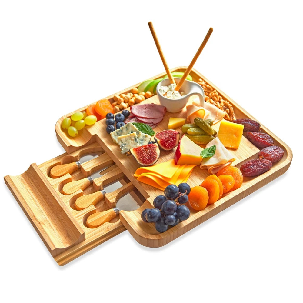 Bamboo Cheese And Charcuterie Board With Slide Out Knife Drawer For Enterta