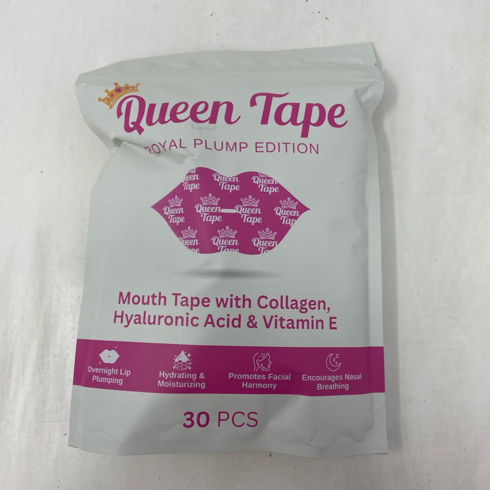 Queen Tape Royal Plump Mouth Tape, Pink 30-Pack Collagen+HA+Vit E