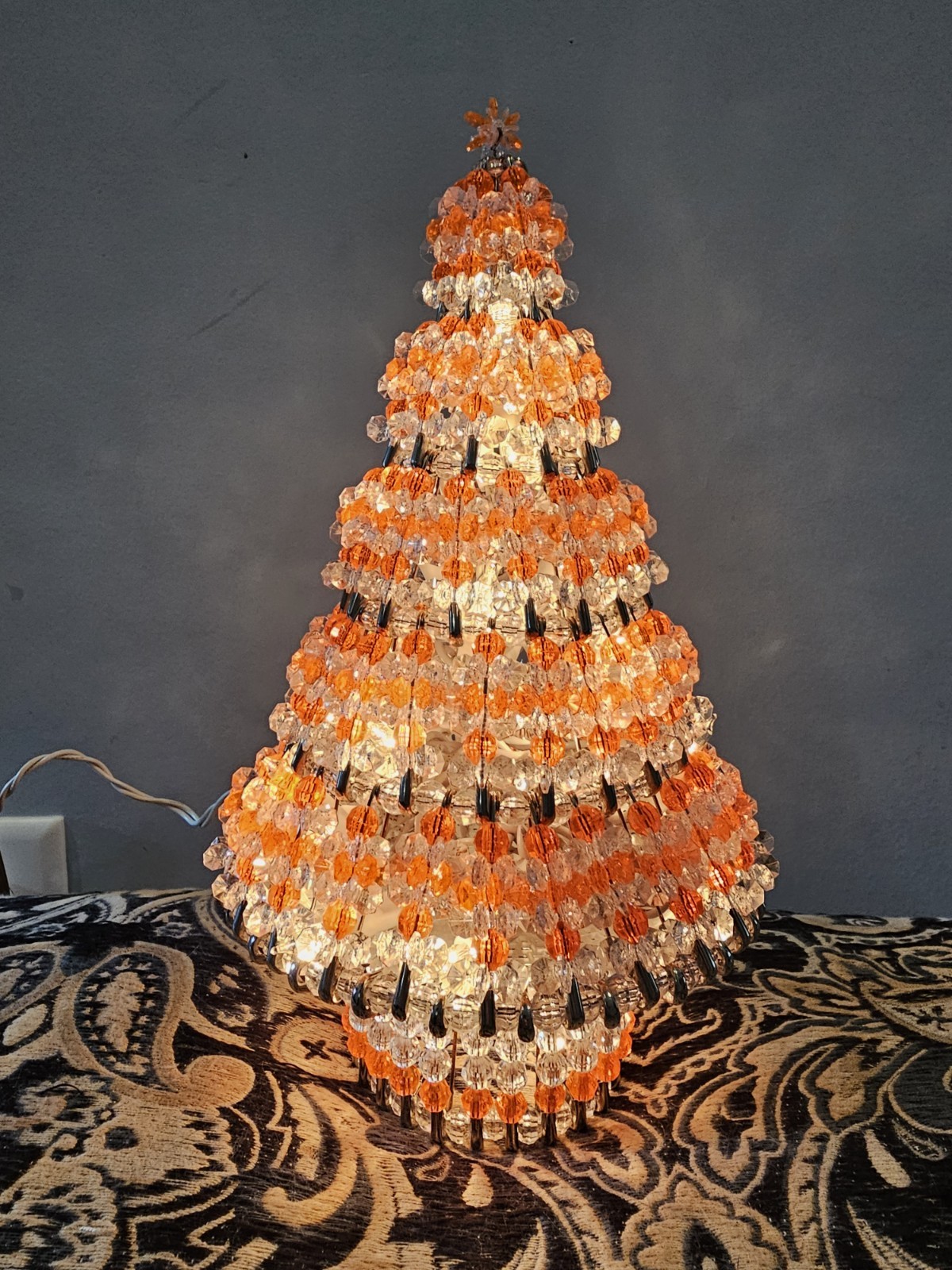 Vintage Safety Pin Acrylic Beaded Christmas Tree Orange And Clear Lights Up 11"