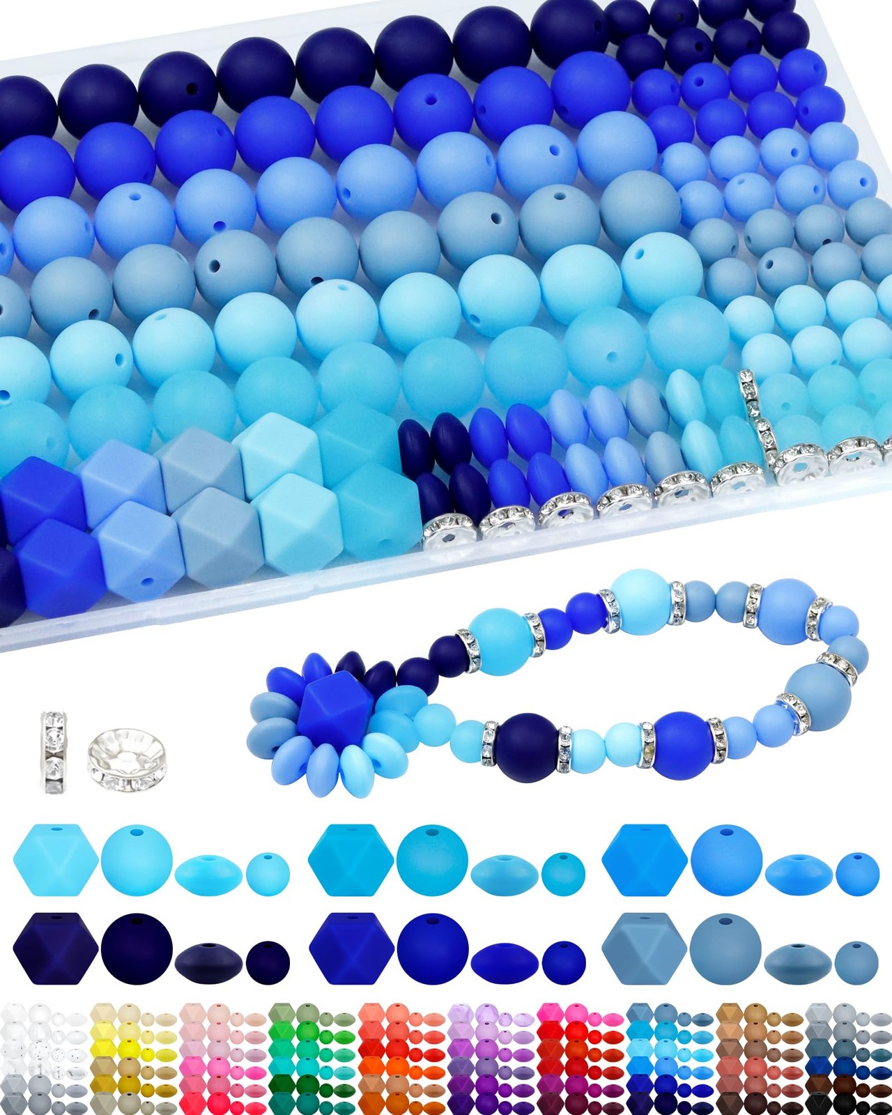 172PCS FIVEIZERO Silicone Beads for Keychain 9mm, 10mm, 12mm, 15mm, blue 