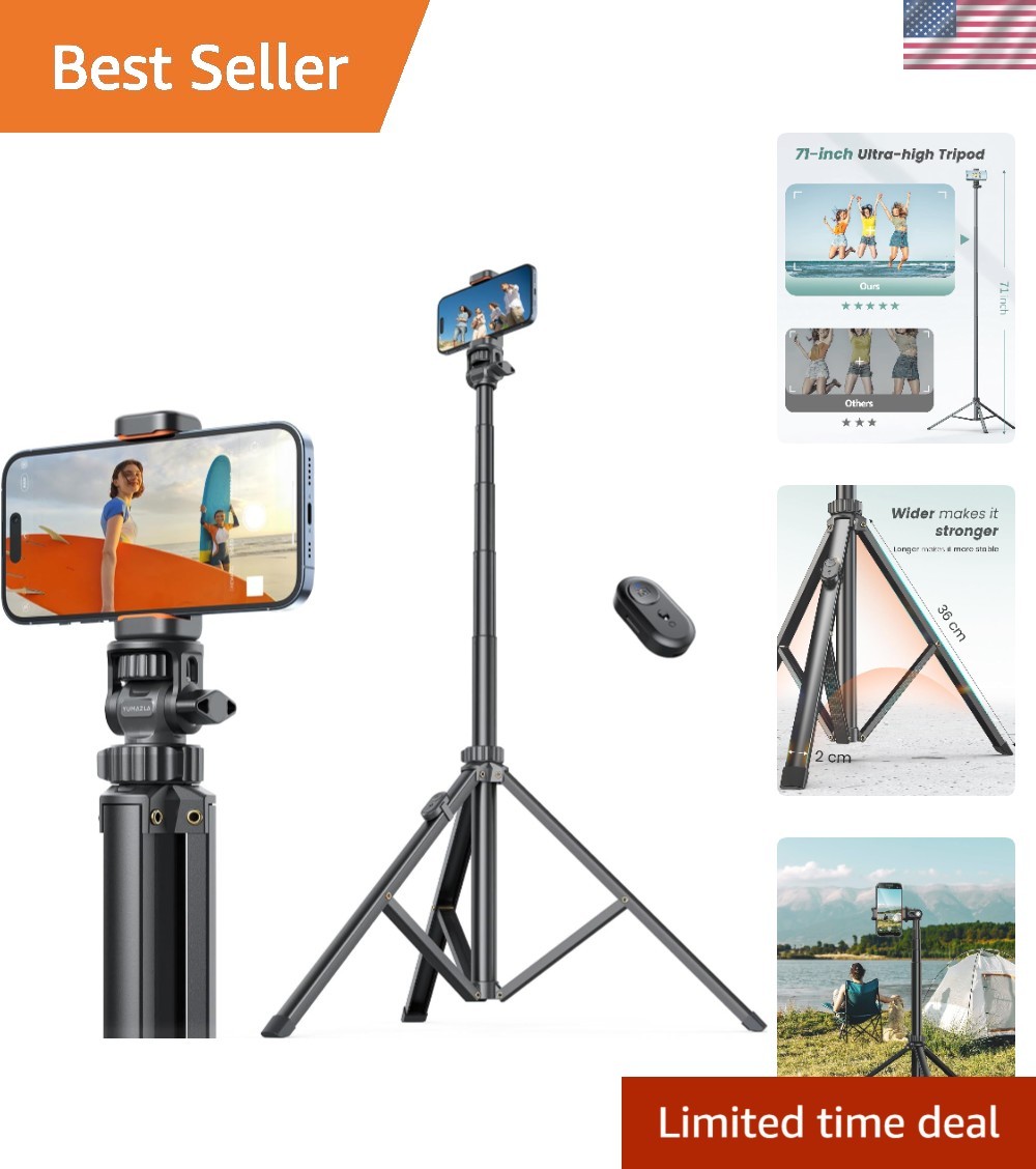 71''/180cm Extendable Phone Tripod Aluminum, Portable Stand for Video Recordi...
