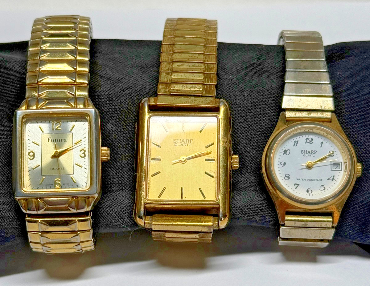 Vtg Stretch Band Wrist Watch Lot of 3 Mens Sharp Ladies Futura Sharp Date WR