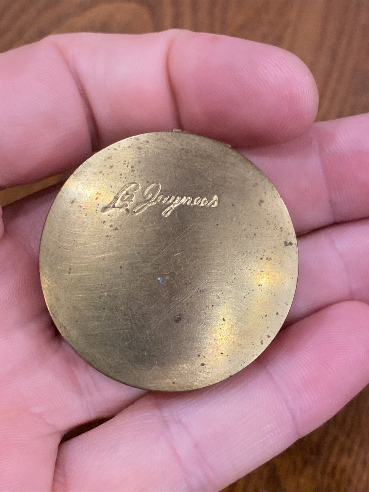 Vtg WJ Raleigh Co La Jaynees Freeport ILL Red Makeup Compact Mirror Brass 1-5/8”