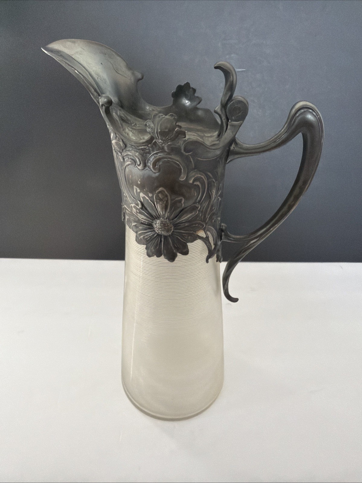 Antique Silver Plate/Pewter?  and Ribbed Glass Pitcher or Ewer with Hinged