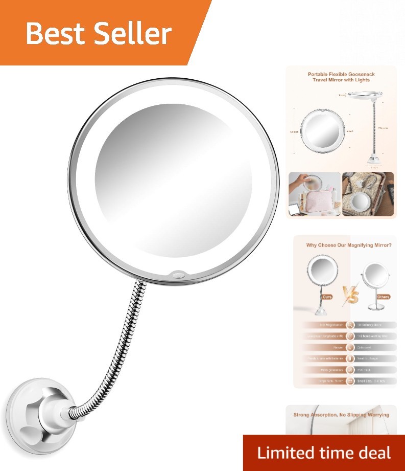 Flexible 10x Magnifying Mirror with Cordless Design and Suction Cup Mount